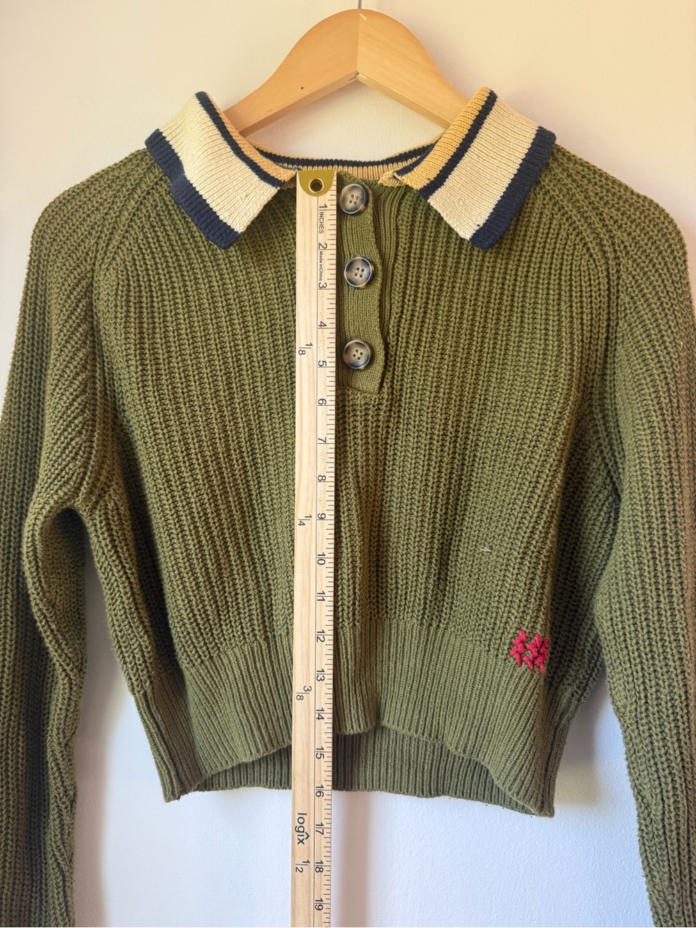 BDG Olive Green Knit Polo Cardigan with Cream & Navy Trim - Picture 2 of 5